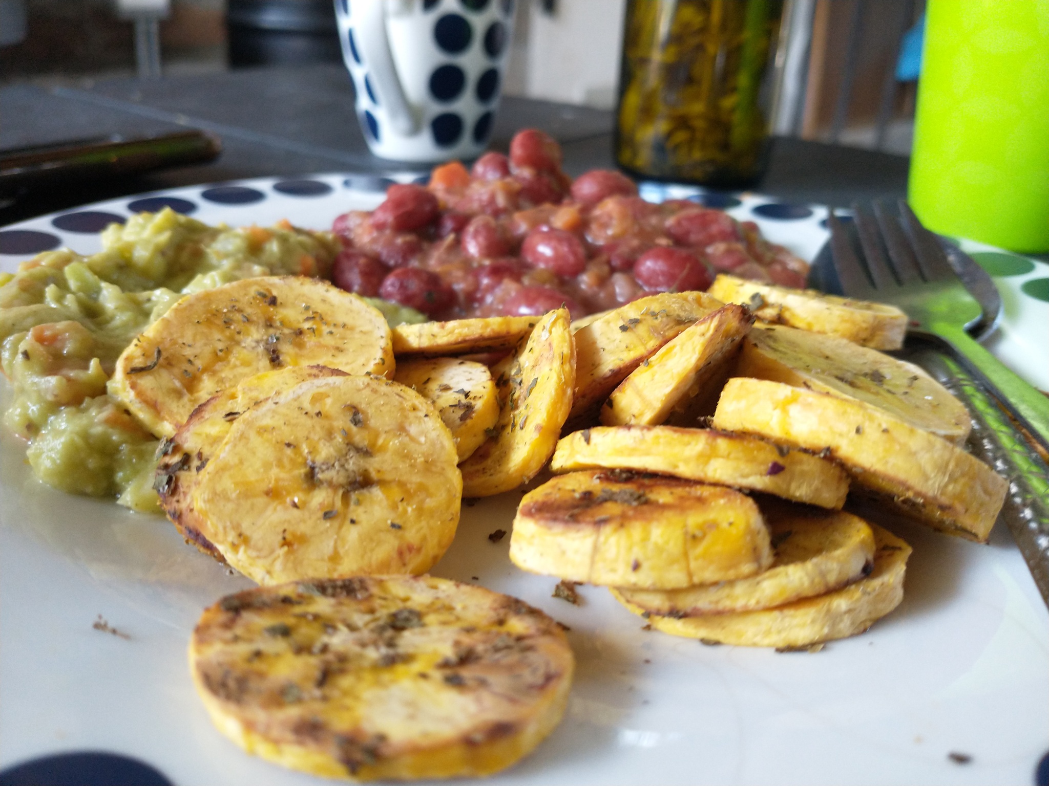 Hostel food with guacamole, pinto beans, and sliced plantains.